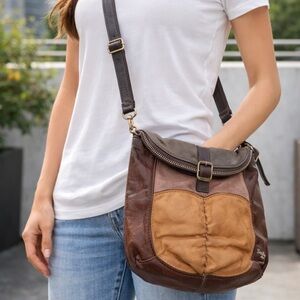 The Sak Leather Crossbody Bag Brown Tan Patchwork Color Block Boho Adjustable